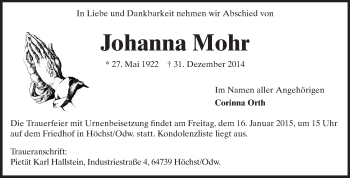 Traueranzeige von Johanna Mohr von Echo-Zeitungen (Gesamtausgabe)