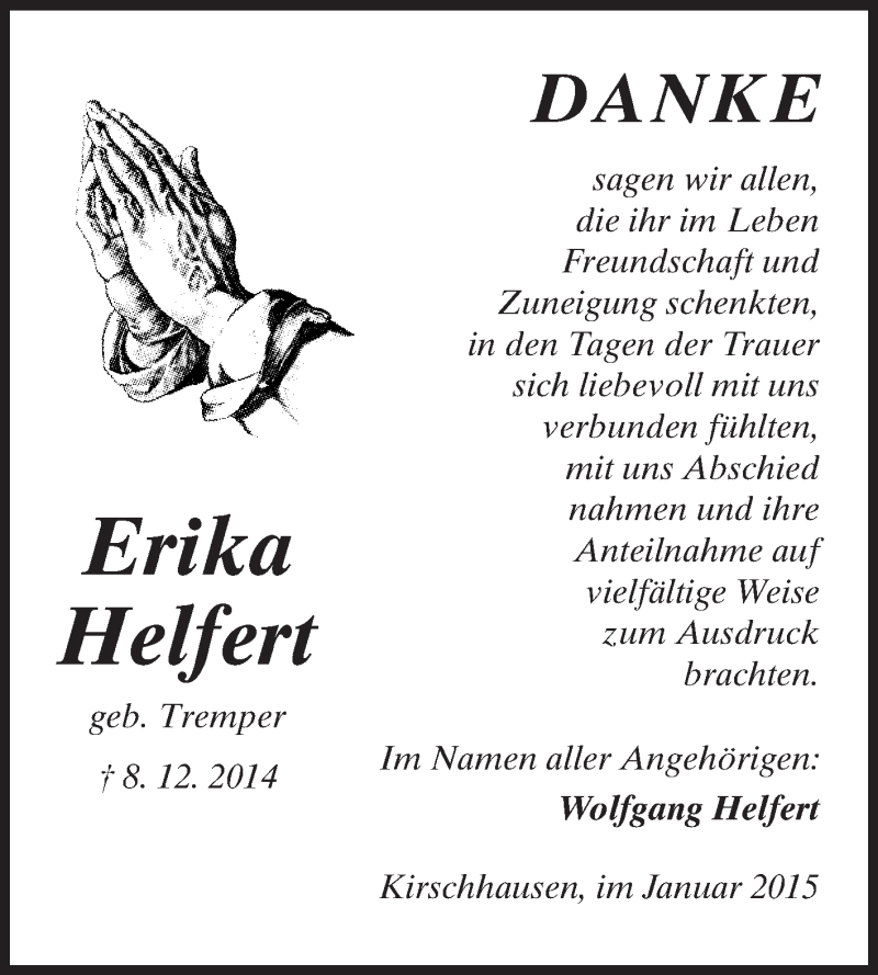  Traueranzeige für Erika Helfert vom 10.01.2015 aus Starkenburger Echo