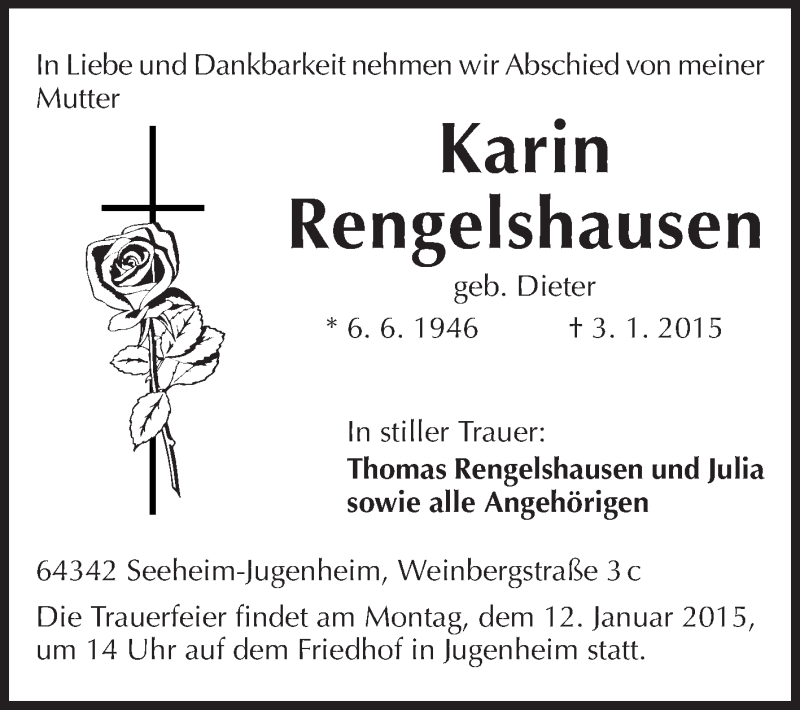  Traueranzeige für Karin Rengelshausen vom 10.01.2015 aus Echo-Zeitungen (Gesamtausgabe)