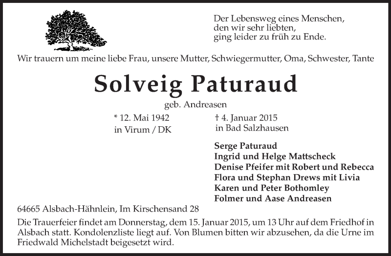  Traueranzeige für Solveig Paturaud vom 10.01.2015 aus Echo-Zeitungen (Gesamtausgabe)