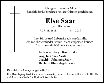 Traueranzeige von Else Saar von Rüsselsheimer Echo, Groß-Gerauer-Echo, Ried Echo