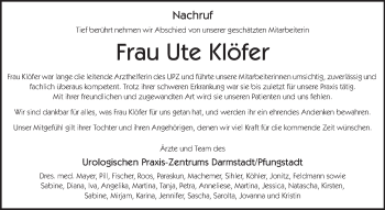 Traueranzeige von Ute Klöfer von Echo-Zeitungen (Gesamtausgabe)