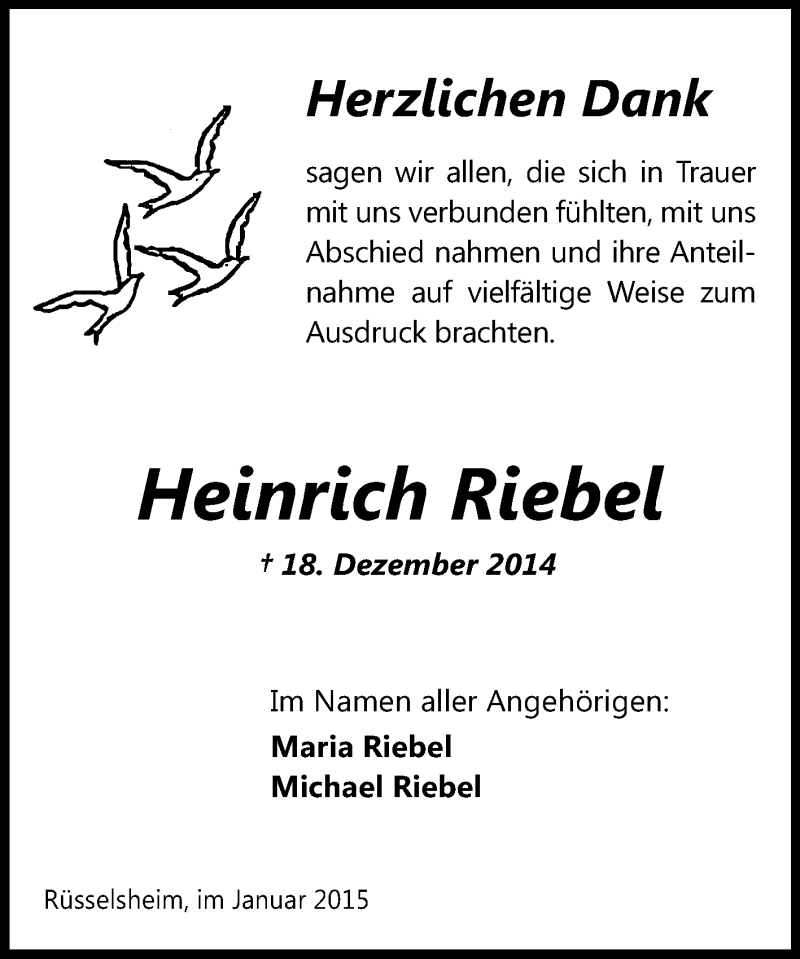  Traueranzeige für Heinrich Riebel vom 10.01.2015 aus Rüsselsheimer Echo, Groß-Gerauer-Echo, Ried Echo
