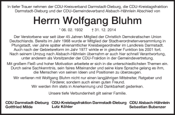 Traueranzeige von Wolfgang Bluhm von Echo-Zeitungen (Gesamtausgabe)