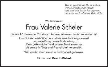 Traueranzeige von Valerie Scheler von Echo-Zeitungen (Gesamtausgabe)