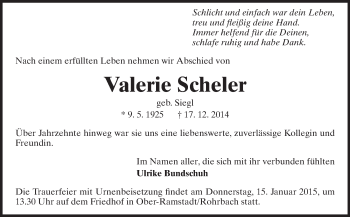 Traueranzeige von Valerie Scheler von Echo-Zeitungen (Gesamtausgabe)