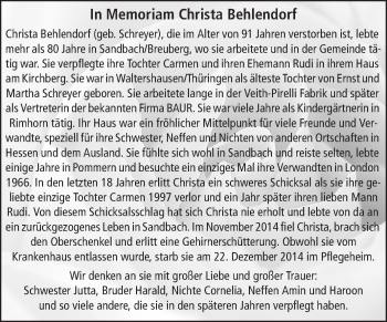 Traueranzeige von Christa Behlendorf von Odenwälder Echo