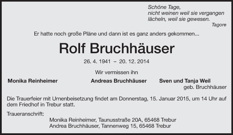  Traueranzeige für Rolf Bruchhäuser vom 12.01.2015 aus Rüsselsheimer Echo, Groß-Gerauer-Echo, Ried Echo
