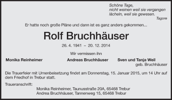 Traueranzeige von Rolf Bruchhäuser von Rüsselsheimer Echo, Groß-Gerauer-Echo, Ried Echo