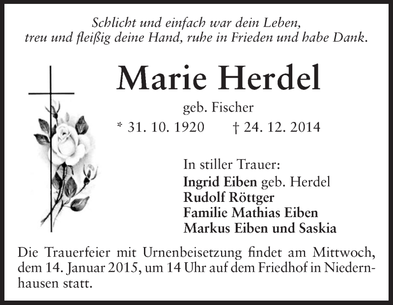  Traueranzeige für Marie Herdel vom 10.01.2015 aus Odenwälder Echo