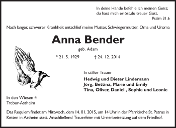 Traueranzeige von Anna Bender von Rüsselsheimer Echo, Groß-Gerauer-Echo, Ried Echo