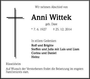 Traueranzeige von Anni Wittek von Rüsselsheimer Echo, Groß-Gerauer-Echo, Ried Echo