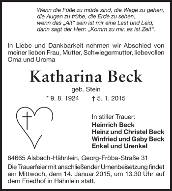 Traueranzeige von Katharina Beck von Echo-Zeitungen (Gesamtausgabe)