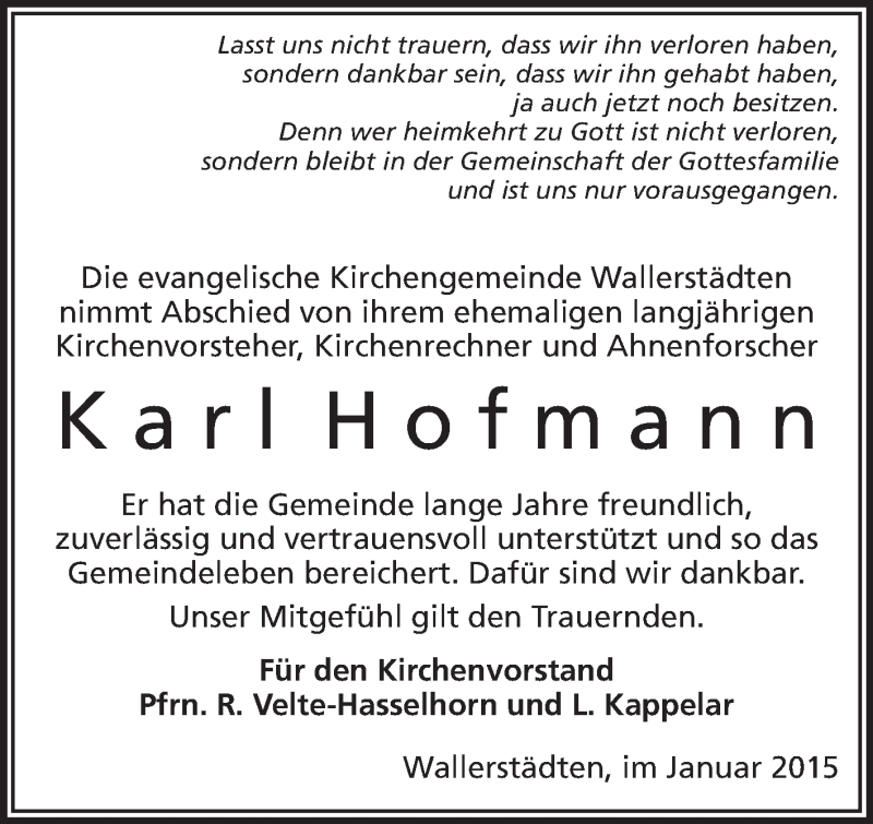  Traueranzeige für Karl Hofmann vom 10.01.2015 aus Rüsselsheimer Echo, Groß-Gerauer-Echo, Ried Echo