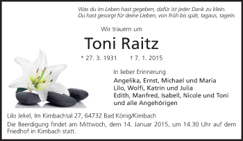 Traueranzeige von Toni Raitz von Odenwälder Echo