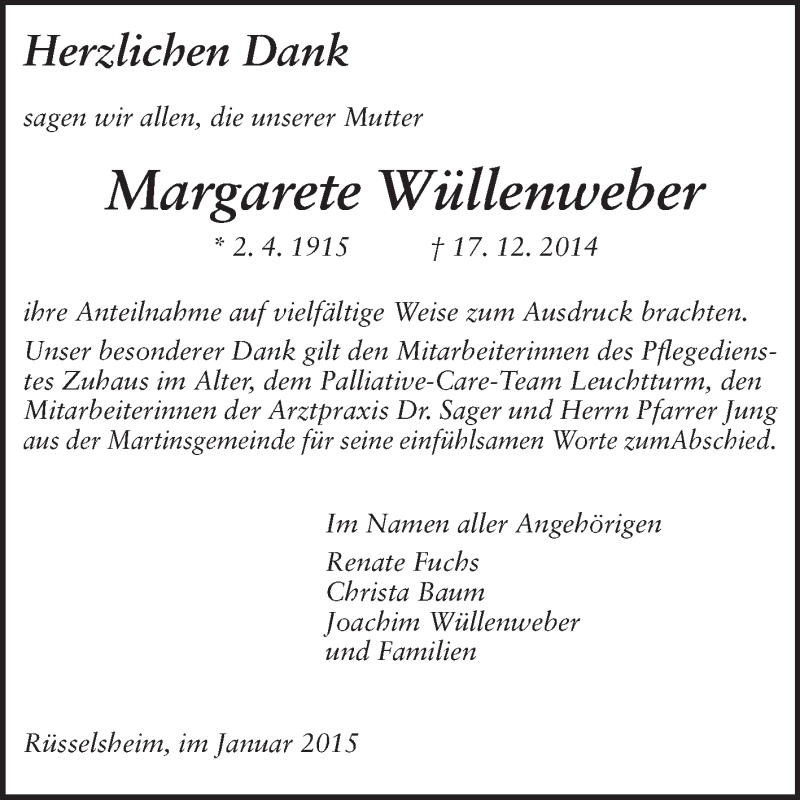  Traueranzeige für Margarete Wüllenweber vom 10.01.2015 aus Rüsselsheimer Echo, Groß-Gerauer-Echo, Ried Echo