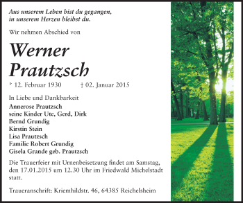 Traueranzeige von Werner Prautzsch von Odenwälder Echo