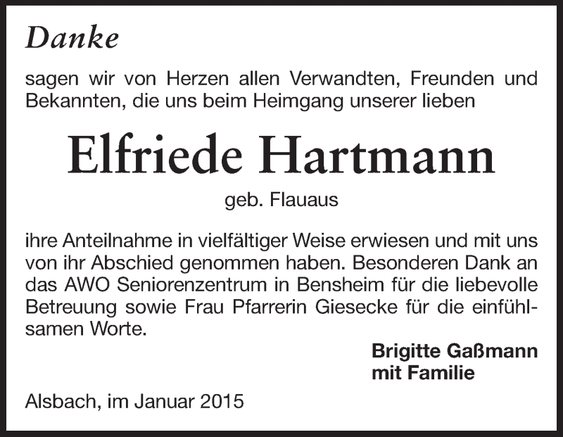  Traueranzeige für Elfriede Hartmann vom 10.01.2015 aus Echo-Zeitungen (Gesamtausgabe)