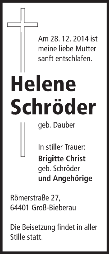 Traueranzeige von Helene Schröder von Echo-Zeitungen (Gesamtausgabe)