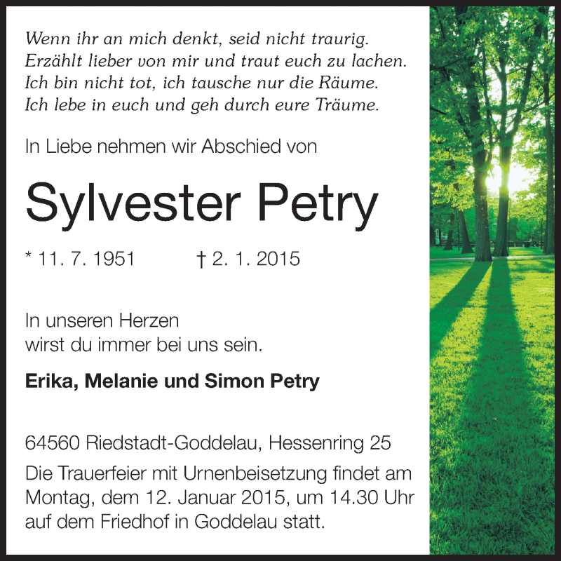  Traueranzeige für Sylvester Petry vom 09.01.2015 aus Rüsselsheimer Echo, Groß-Gerauer-Echo, Ried Echo