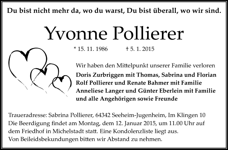  Traueranzeige für Yvonne Pollierer vom 10.01.2015 aus Odenwälder Echo