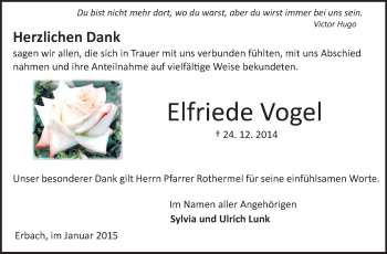 Traueranzeige von Elfriede Vogel von Odenwälder Echo