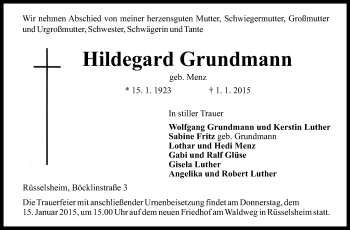 Traueranzeige von Hildegard Grundmann von Rüsselsheimer Echo, Groß-Gerauer-Echo, Ried Echo
