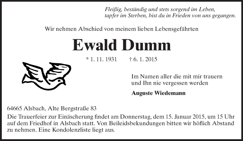  Traueranzeige für Ewald Dumm vom 10.01.2015 aus Echo-Zeitungen (Gesamtausgabe)