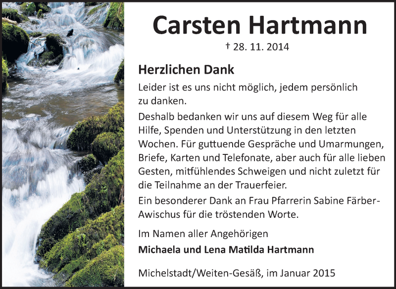  Traueranzeige für Carsten Hartmann vom 10.01.2015 aus Odenwälder Echo