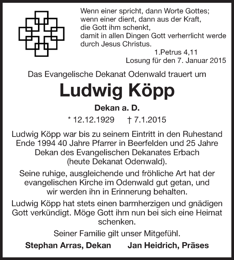  Traueranzeige für Ludwig Köpp vom 10.01.2015 aus Odenwälder Echo