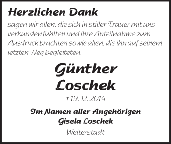 Traueranzeige von Günther Loschek von Echo-Zeitungen (Gesamtausgabe)