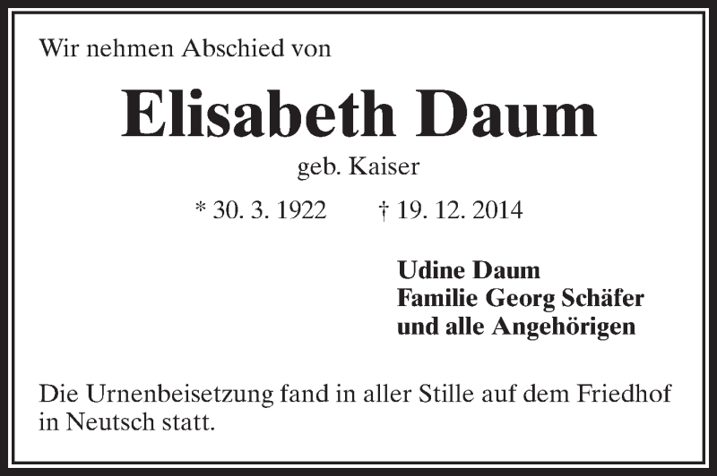  Traueranzeige für Elisabeth Daum vom 12.01.2015 aus Echo-Zeitungen (Gesamtausgabe)