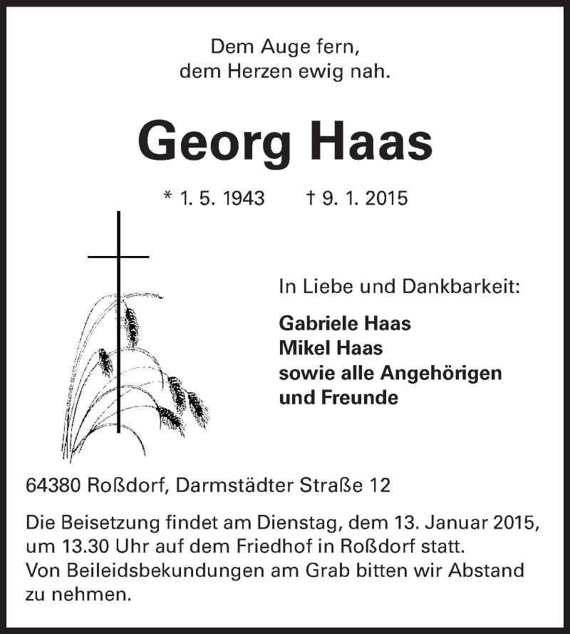  Traueranzeige für Georg Haas vom 12.01.2015 aus Echo-Zeitungen (Gesamtausgabe)