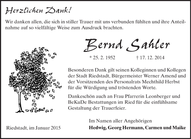  Traueranzeige für Bernd Sahler vom 17.01.2015 aus Rüsselsheimer Echo, Groß-Gerauer-Echo, Ried Echo