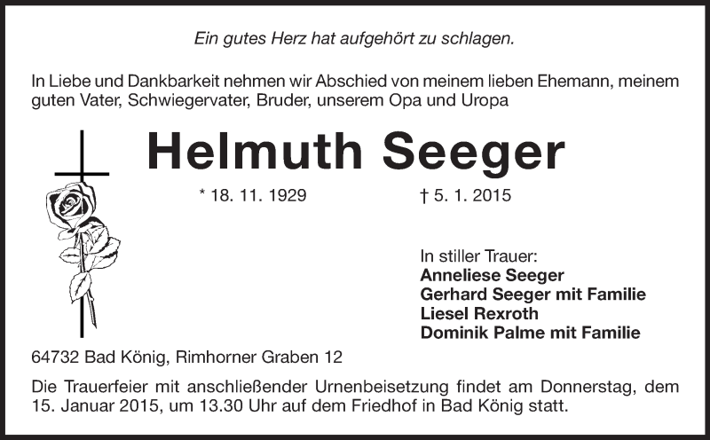  Traueranzeige für Helmuth Seeger vom 13.01.2015 aus Odenwälder Echo