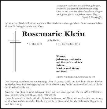 Traueranzeige von Rosemarie Klein von Echo-Zeitungen (Gesamtausgabe)