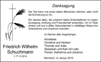 Traueranzeige von Friedrich Wilhelm Schuchmann von Darmstädter Echo, Odenwälder Echo, Rüsselsheimer Echo, Groß-Gerauer-Echo, Ried Echo