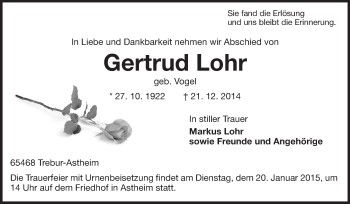 Traueranzeige von Gertrud Lohr von Rüsselsheimer Echo, Groß-Gerauer-Echo, Ried Echo