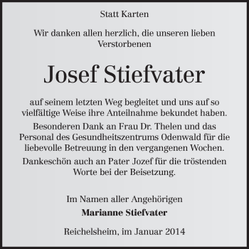 Traueranzeige von Josef Stiefvater von Odenwälder Echo