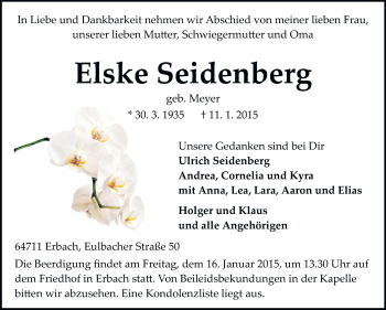 Traueranzeige von Elske Seidenberg von Echo-Zeitungen (Gesamtausgabe)