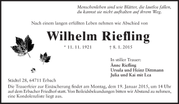 Traueranzeige von Wilhelm Riefling von Odenwälder Echo