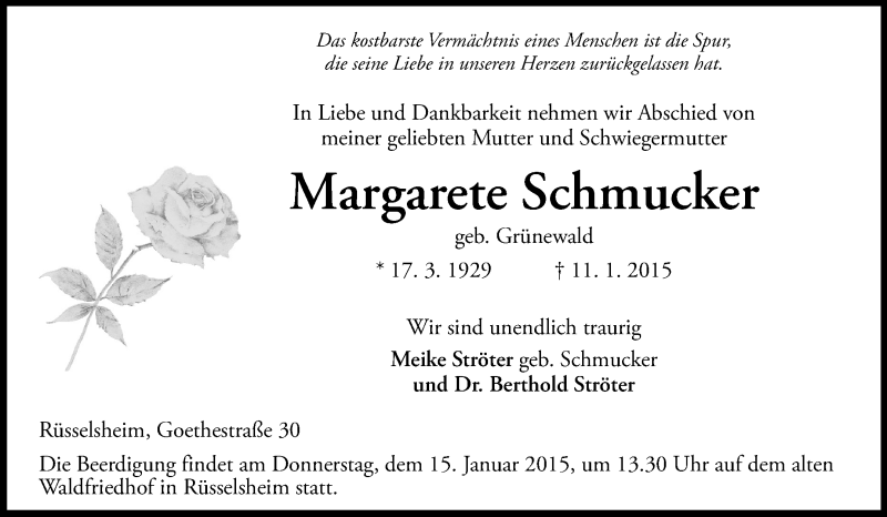  Traueranzeige für Margarete Schmucker vom 13.01.2015 aus Rüsselsheimer Echo, Groß-Gerauer-Echo, Ried Echo