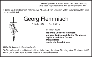 Traueranzeige von Georg Flemmisch von Echo-Zeitungen (Gesamtausgabe)