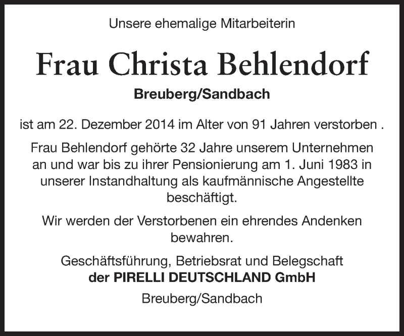  Traueranzeige für Christa Behlendorf vom 15.01.2015 aus Odenwälder Echo