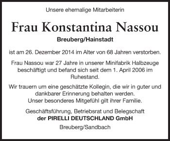 Traueranzeige von Konstantina Nassou von Odenwälder Echo