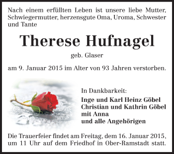 Traueranzeige von Therese Hufnagel von Echo-Zeitungen (Gesamtausgabe)