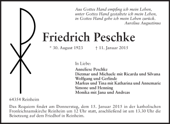 Traueranzeige von Friedrich Peschke von Darmstädter Echo, Odenwälder Echo, Rüsselsheimer Echo, Groß-Gerauer-Echo, Ried Echo