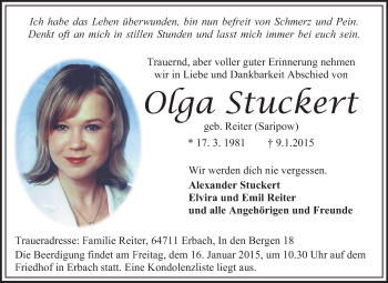 Traueranzeige von Olga Stuckert von Odenwälder Echo