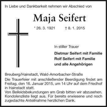 Traueranzeige von Maja Seifert von Odenwälder Echo