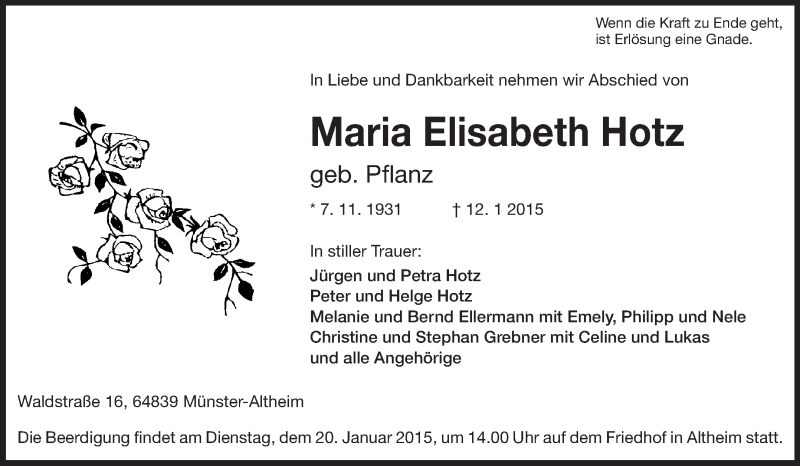  Traueranzeige für Maria Elisabeth Hotz vom 15.01.2015 aus Echo-Zeitungen (Gesamtausgabe)